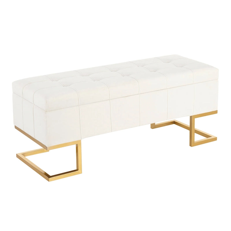 Banc de rangement 2 places en velours blanc/rose, cadre en métal doré, couvercle à charnière