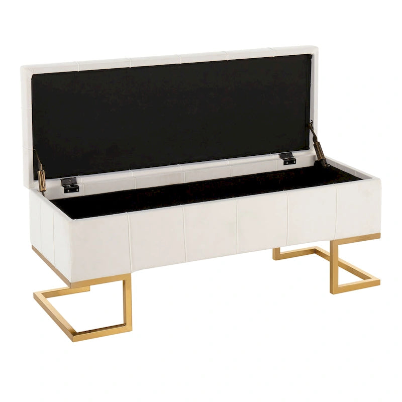 Banc de rangement 2 places en velours blanc/rose, cadre en métal doré, couvercle à charnière