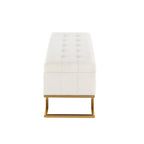 Banc de rangement 2 places en velours blanc/rose, cadre en métal doré, couvercle à charnière