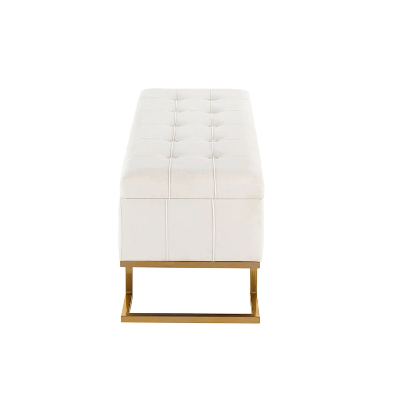 Banc de rangement 2 places en velours blanc/rose, cadre en métal doré, couvercle à charnière