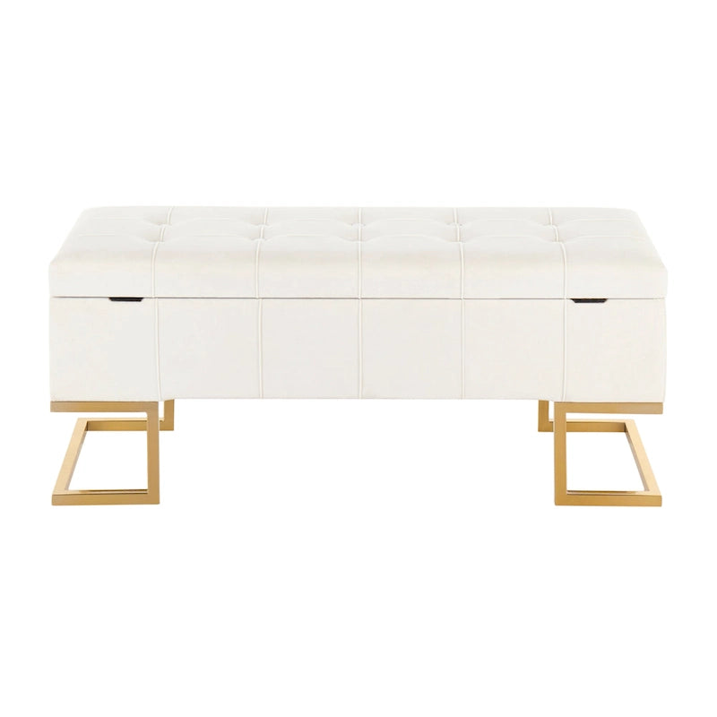 Banc de rangement 2 places en velours blanc/rose, cadre en métal doré, couvercle à charnière