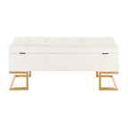Banc de rangement 2 places en velours blanc/rose, cadre en métal doré, couvercle à charnière