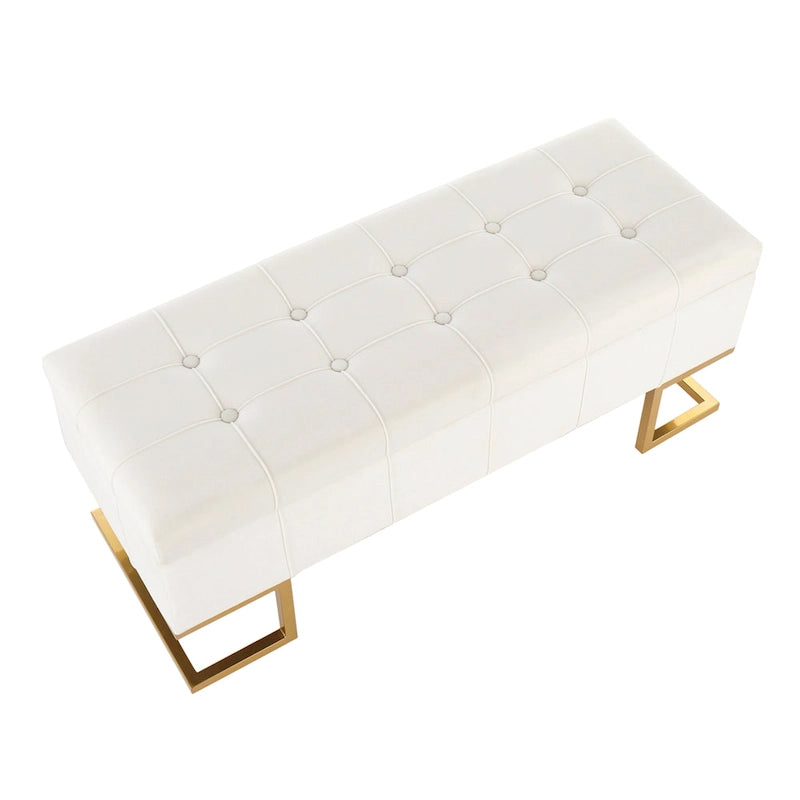 Banc de rangement 2 places en velours blanc/rose, cadre en métal doré, couvercle à charnière