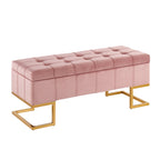 Banc de rangement 2 places en velours blanc/rose, cadre en métal doré, couvercle à charnière