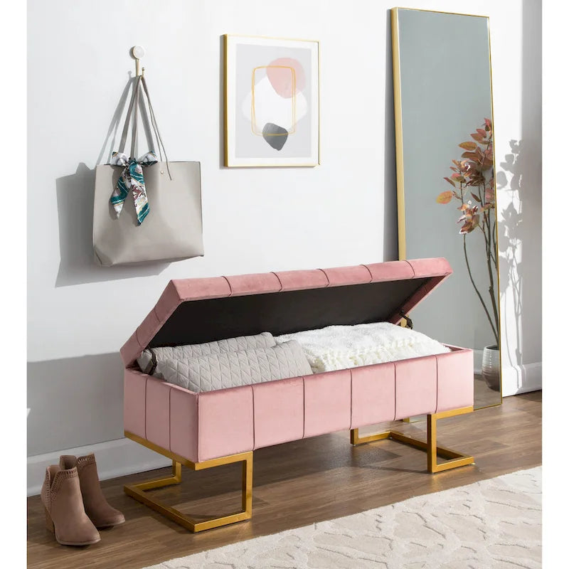 Banc de rangement 2 places en velours blanc/rose, cadre en métal doré, couvercle à charnière