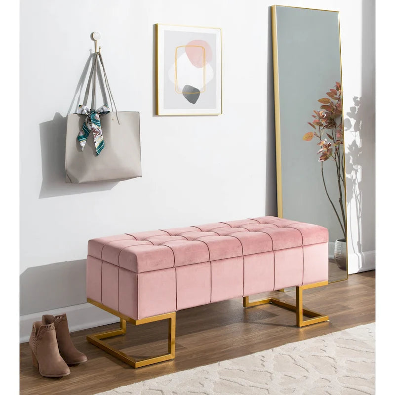 Banc de rangement 2 places en velours blanc/rose, cadre en métal doré, couvercle à charnière