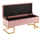 Banc de rangement 2 places en velours blanc/rose, cadre en métal doré, couvercle à charnière