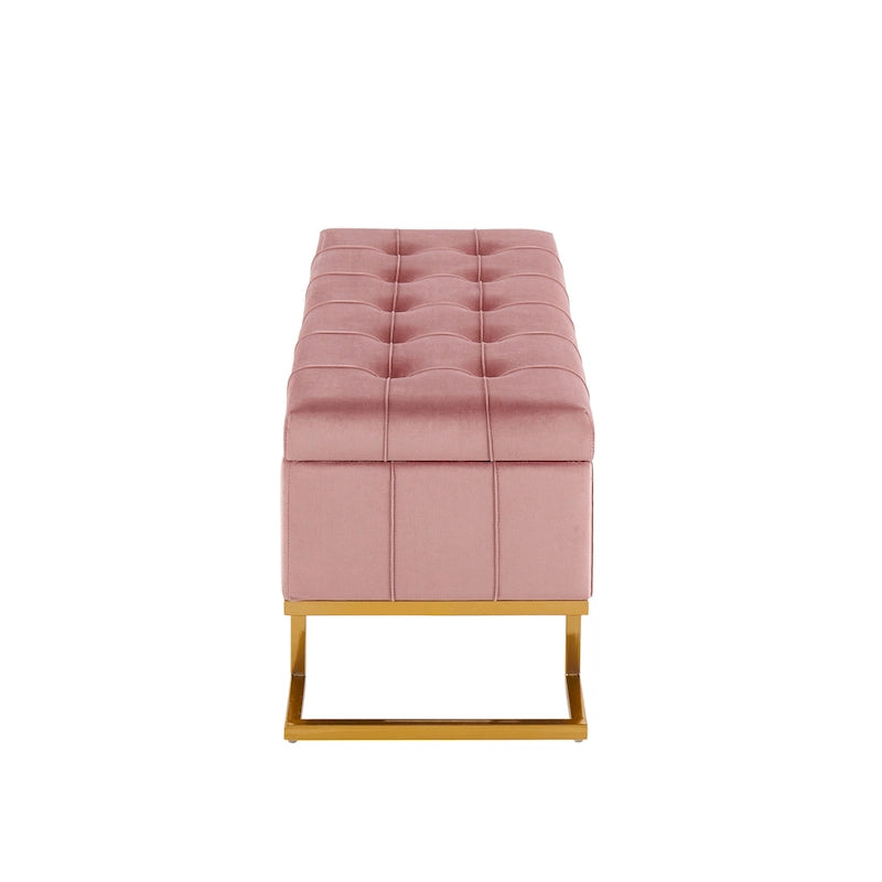 Banc de rangement 2 places en velours blanc/rose, cadre en métal doré, couvercle à charnière