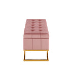 Banc de rangement 2 places en velours blanc/rose, cadre en métal doré, couvercle à charnière