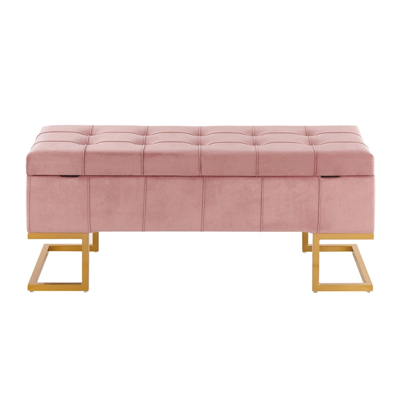 Banc de rangement 2 places en velours blanc/rose, cadre en métal doré, couvercle à charnière