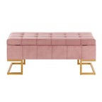 Banc de rangement 2 places en velours blanc/rose, cadre en métal doré, couvercle à charnière