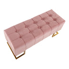 Banc de rangement 2 places en velours blanc/rose, cadre en métal doré, couvercle à charnière
