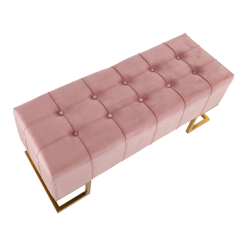 Banc de rangement 2 places en velours blanc/rose, cadre en métal doré, couvercle à charnière
