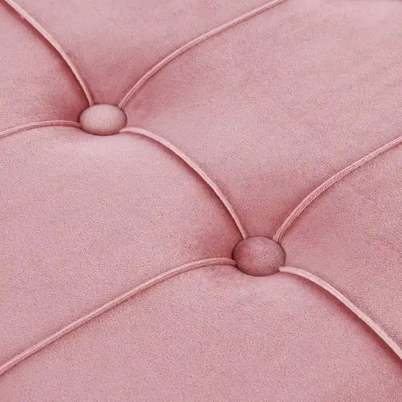 Banc de rangement 2 places en velours blanc/rose, cadre en métal doré, couvercle à charnière