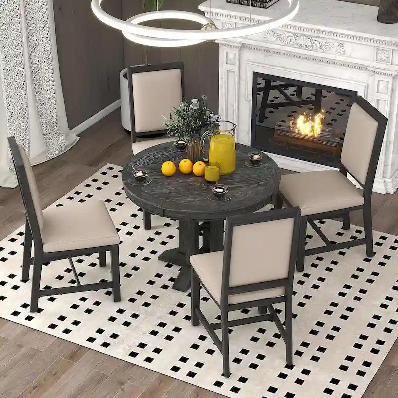 Ensemble de salle à manger 5 pièces extensible rond de style ferme, avec table en bois naturel et finition noire, 6 places