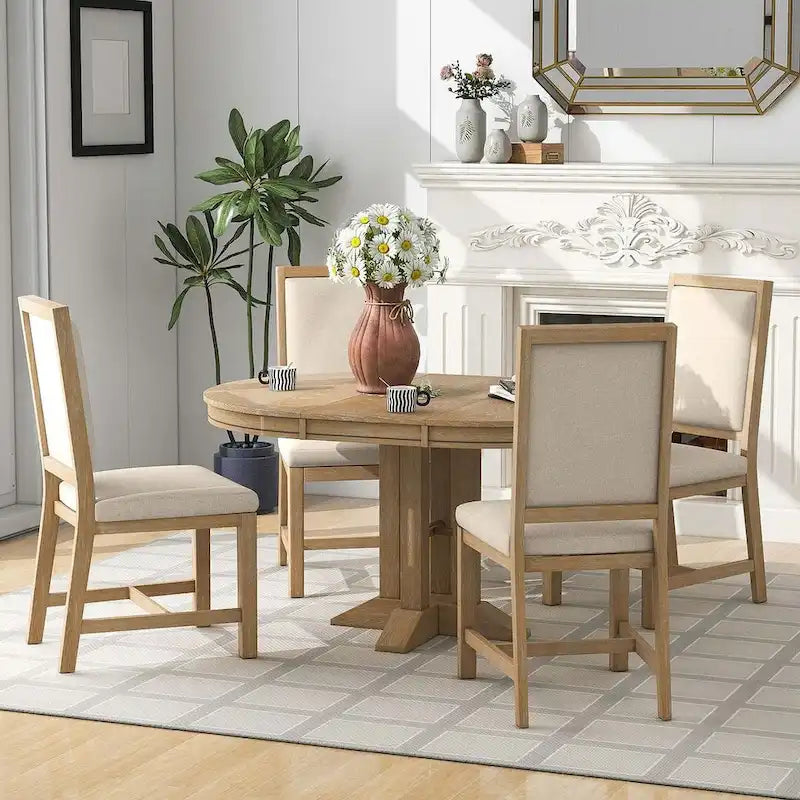 Ensemble de salle à manger 5 pièces extensible rond de style ferme, avec table en bois naturel et finition noire, 6 places