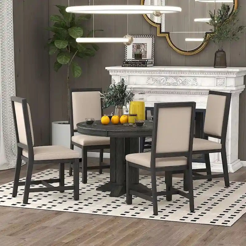 Ensemble de salle à manger 5 pièces extensible rond de style ferme, avec table en bois naturel et finition noire, 6 places