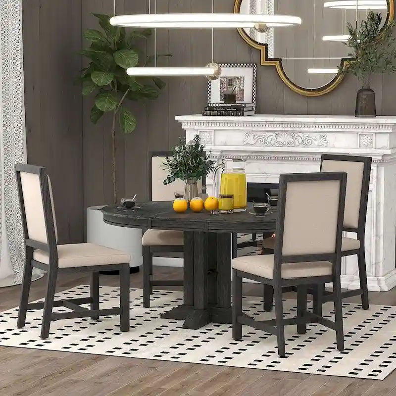 Ensemble de salle à manger 5 pièces extensible rond de style ferme, avec table en bois naturel et finition noire, 6 places