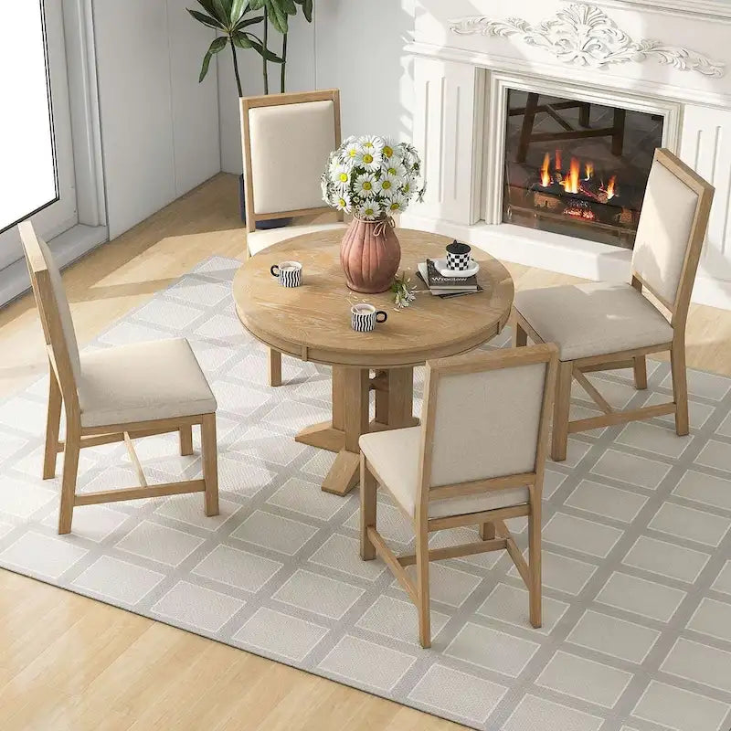 Ensemble de salle à manger 5 pièces extensible rond de style ferme, avec table en bois naturel et finition noire, 6 places