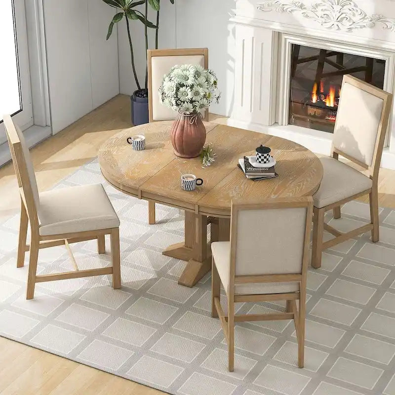Ensemble de salle à manger 5 pièces extensible rond de style ferme, avec table en bois naturel et finition noire, 6 places