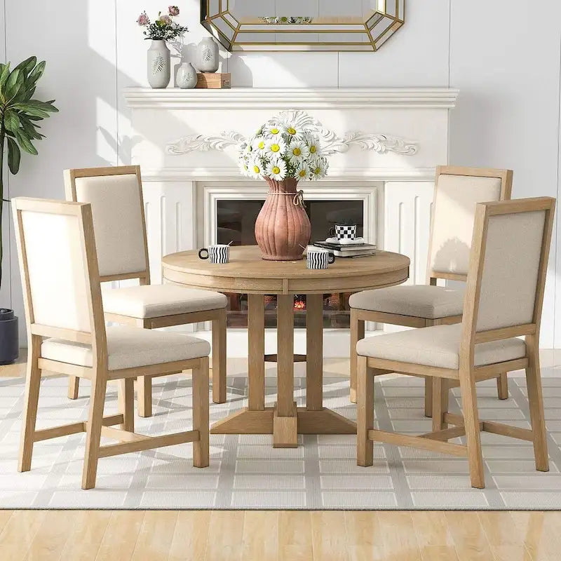 Ensemble de salle à manger 5 pièces extensible rond de style ferme, avec table en bois naturel et finition noire, 6 places