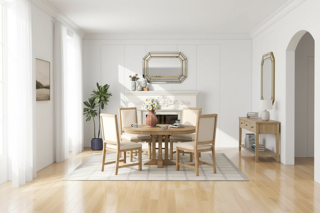 Ensemble de salle à manger 5 pièces extensible rond de style ferme, avec table en bois naturel et finition noire, 6 places