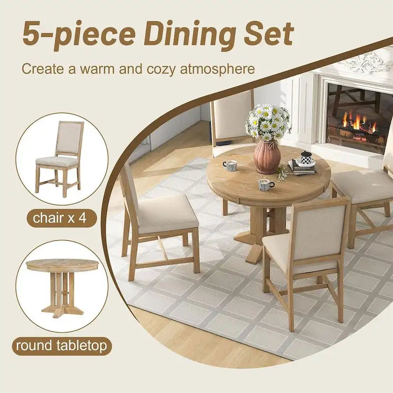 Ensemble de salle à manger 5 pièces extensible rond de style ferme, avec table en bois naturel et finition noire, 6 places