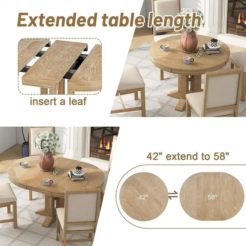 Ensemble de salle à manger 5 pièces extensible rond de style ferme, avec table en bois naturel et finition noire, 6 places