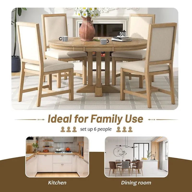 Ensemble de salle à manger 5 pièces extensible rond de style ferme, avec table en bois naturel et finition noire, 6 places