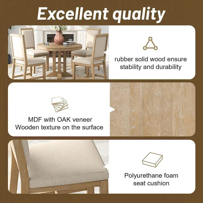 Ensemble de salle à manger 5 pièces extensible rond de style ferme, avec table en bois naturel et finition noire, 6 places