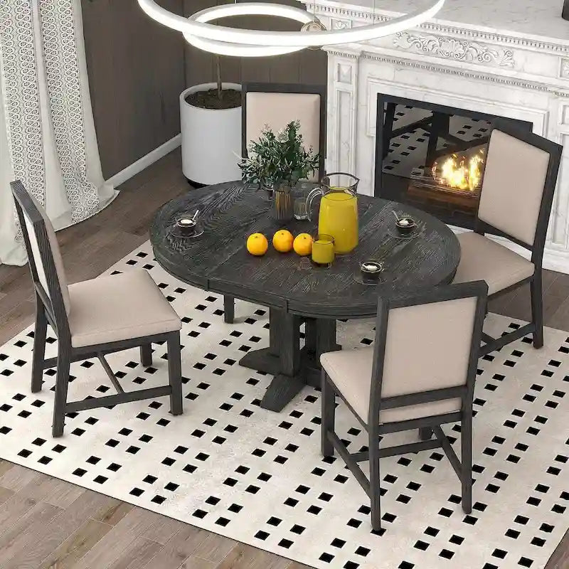 Ensemble de salle à manger 5 pièces extensible rond de style ferme, avec table en bois naturel et finition noire, 6 places