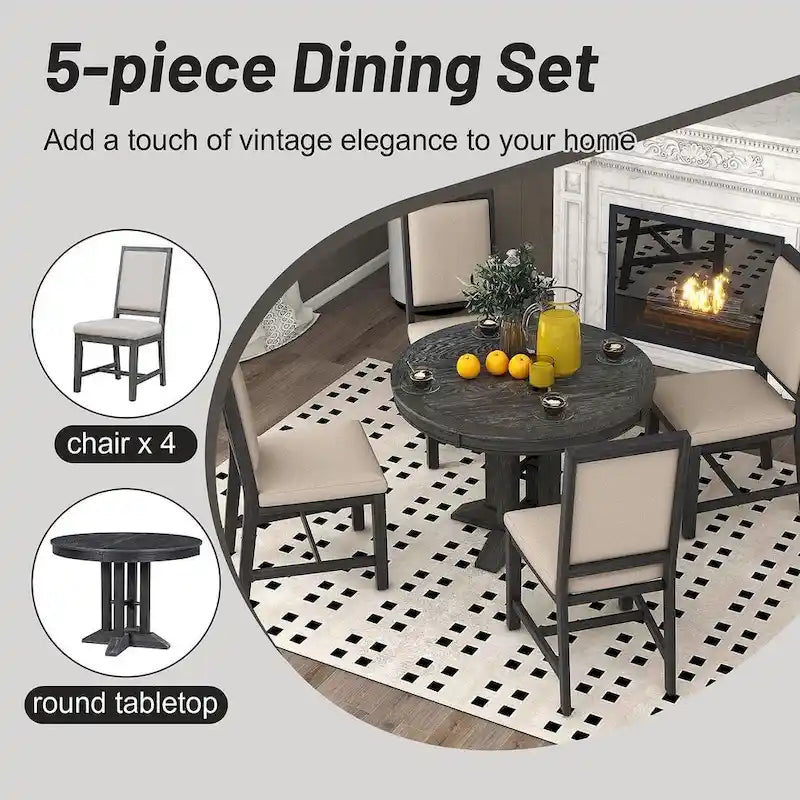 Ensemble de salle à manger 5 pièces extensible rond de style ferme, avec table en bois naturel et finition noire, 6 places