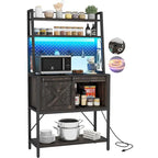 Étagère de cuisine à 5 niveaux avec bandeau LED, prise électrique et armoire à porte coulissante – Blanc/Marron/Chêne