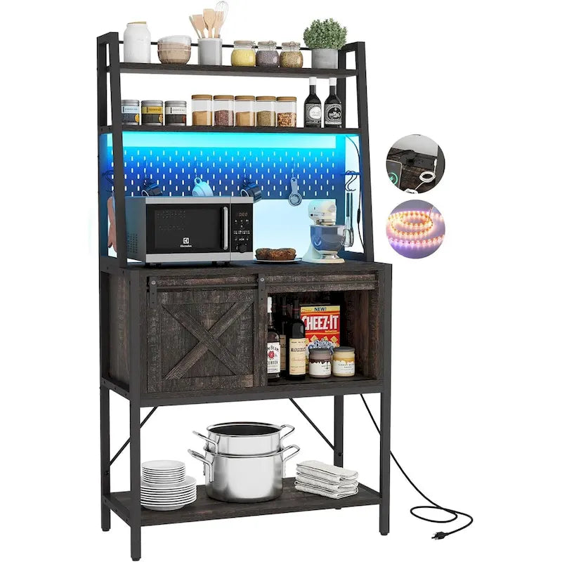 Étagère de cuisine à 5 niveaux avec bandeau LED, prise électrique et armoire à porte coulissante – Blanc/Marron/Chêne