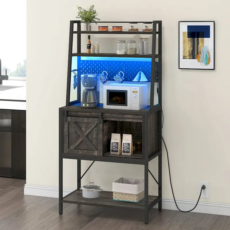 Étagère de cuisine à 5 niveaux avec bandeau LED, prise électrique et armoire à porte coulissante – Blanc/Marron/Chêne