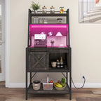 Étagère de cuisine à 5 niveaux avec bandeau LED, prise électrique et armoire à porte coulissante – Blanc/Marron/Chêne