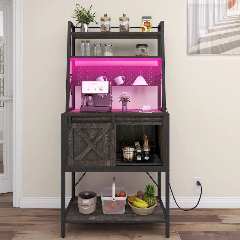Étagère de cuisine à 5 niveaux avec bandeau LED, prise électrique et armoire à porte coulissante – Blanc/Marron/Chêne