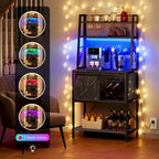 Étagère de cuisine à 5 niveaux avec bandeau LED, prise électrique et armoire à porte coulissante – Blanc/Marron/Chêne