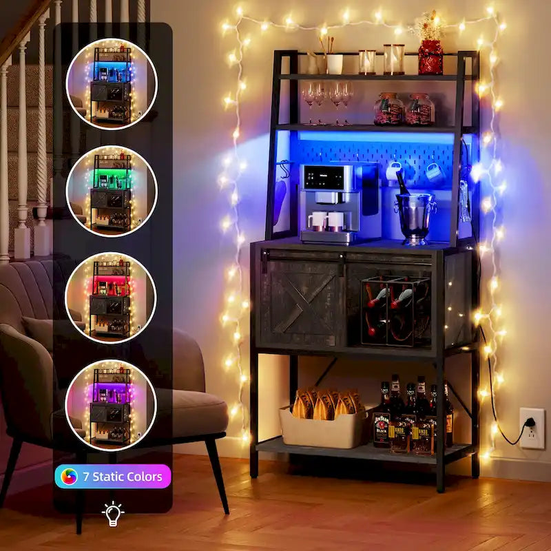 Étagère de cuisine à 5 niveaux avec bandeau LED, prise électrique et armoire à porte coulissante – Blanc/Marron/Chêne