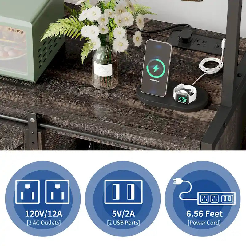 Étagère de cuisine à 5 niveaux avec bandeau LED, prise électrique et armoire à porte coulissante – Blanc/Marron/Chêne
