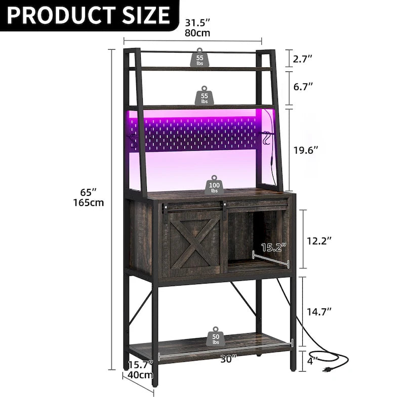 Étagère de cuisine à 5 niveaux avec bandeau LED, prise électrique et armoire à porte coulissante – Blanc/Marron/Chêne