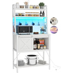 Étagère de cuisine à 5 niveaux avec bandeau LED, prise électrique et armoire à porte coulissante – Blanc/Marron/Chêne