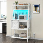 Étagère de cuisine à 5 niveaux avec bandeau LED, prise électrique et armoire à porte coulissante – Blanc/Marron/Chêne