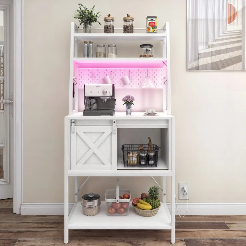 Étagère de cuisine à 5 niveaux avec bandeau LED, prise électrique et armoire à porte coulissante – Blanc/Marron/Chêne