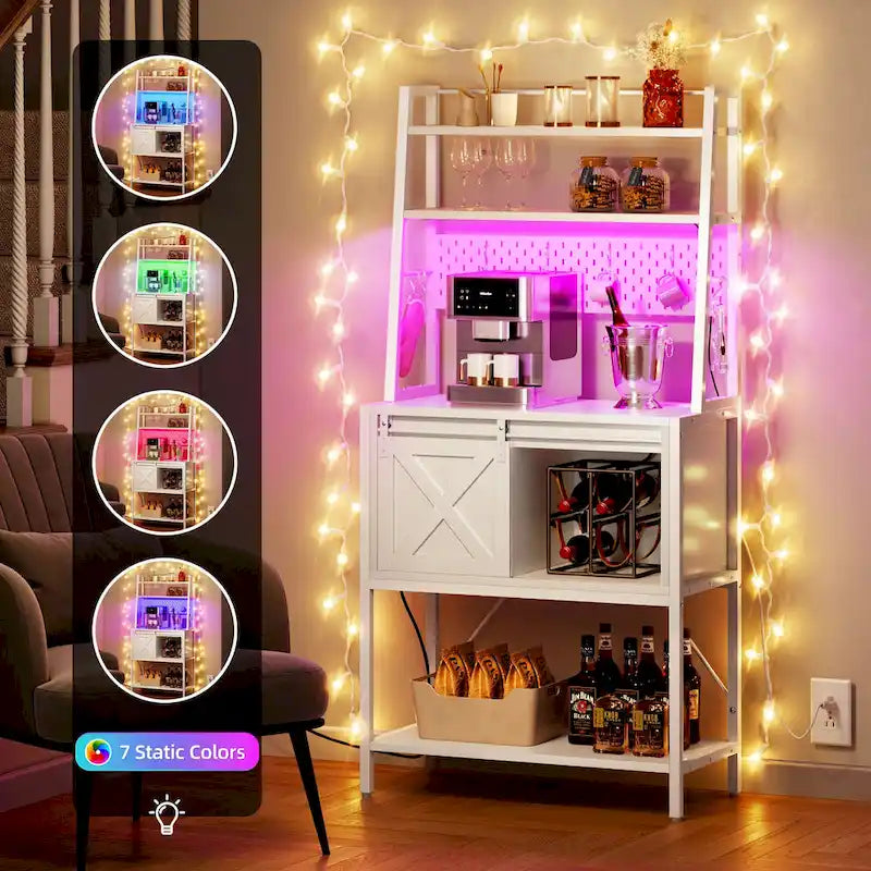 Étagère de cuisine à 5 niveaux avec bandeau LED, prise électrique et armoire à porte coulissante – Blanc/Marron/Chêne