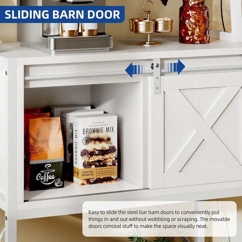 Étagère de cuisine à 5 niveaux avec bandeau LED, prise électrique et armoire à porte coulissante – Blanc/Marron/Chêne