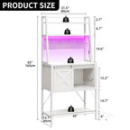 Étagère de cuisine à 5 niveaux avec bandeau LED, prise électrique et armoire à porte coulissante – Blanc/Marron/Chêne