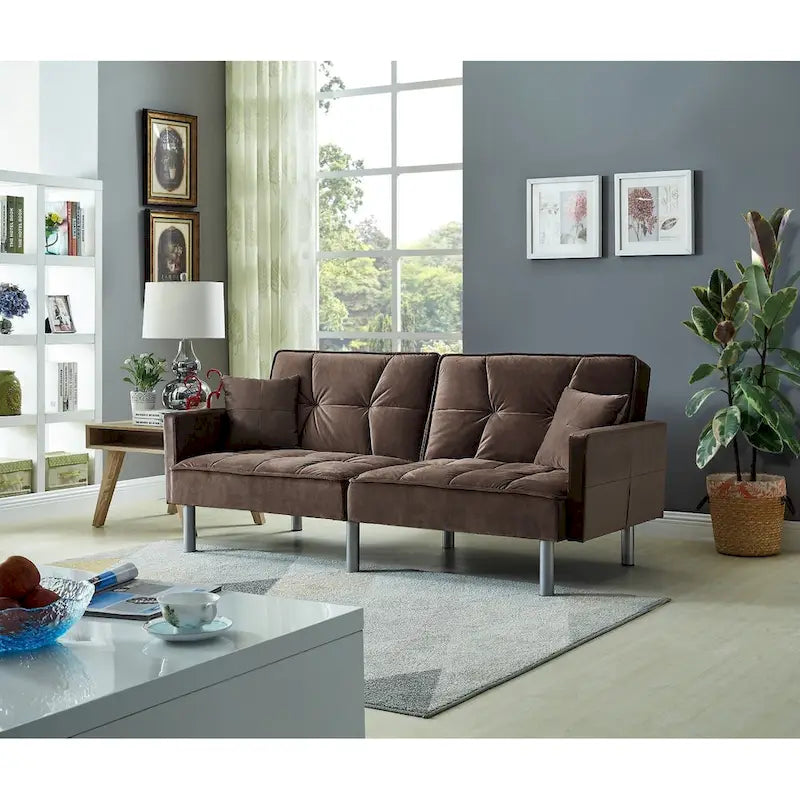 Canapé-lit convertible en velours, accoudoirs carrés, 2 places – Violet / Bleu / Gris / Marron