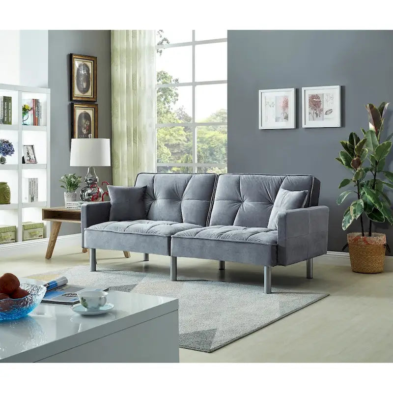 Canapé-lit convertible en velours, accoudoirs carrés, 2 places – Violet / Bleu / Gris / Marron