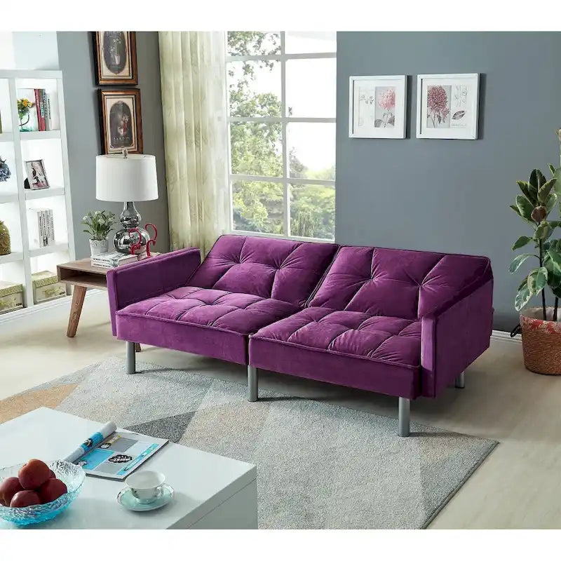Canapé-lit convertible en velours, accoudoirs carrés, 2 places – Violet / Bleu / Gris / Marron